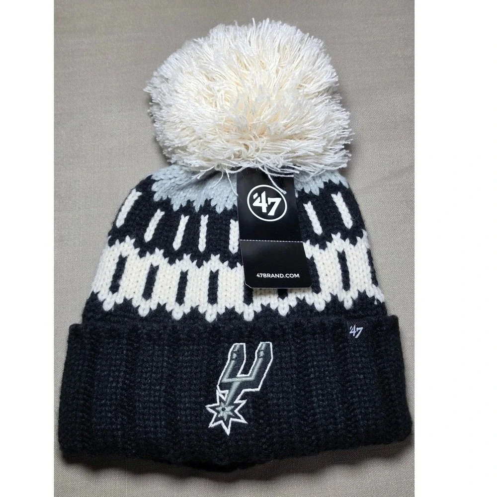 47 Brand San Antonio Spurs NBA Knit Beanie Hat Pom Cuffed Black White OSFA New